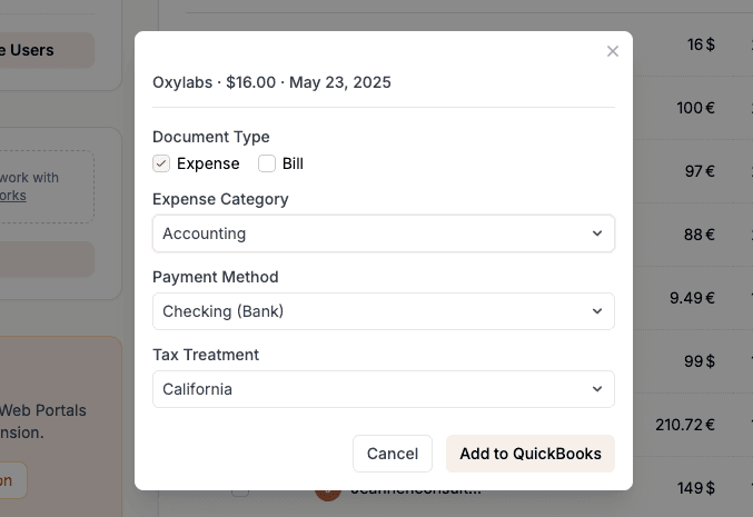 QuickBooks Modal